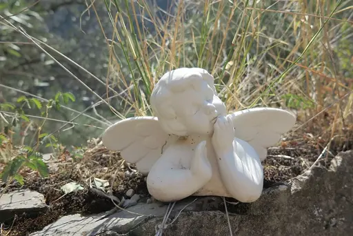 Plaster statue of a cherub, located within a garden.