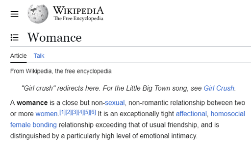A Screenshot of a wikipedia article for the term "Womance"