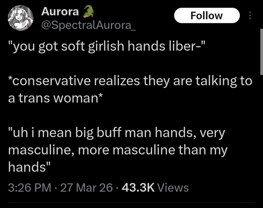 "you got soft girlish hands liber-" *conservative realizes they are talking a trans woman* "uh i mean big buff man hands, very masculine, more masculine than my hands"