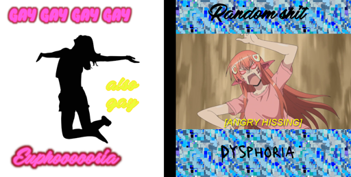 Side by side pictures showing a version of dealing with dysphoria and euphoria. The left is a a silhoutte of a jumping woman, arms stretched out, embracing life. With various text smacked on, "gay gay gay gay" "Euphooooria" "also gay". The other image is of a rustled and pissed anime woman, shrieking up and making hissing noises. Text around it is "Dysphoria" and "Random shit".